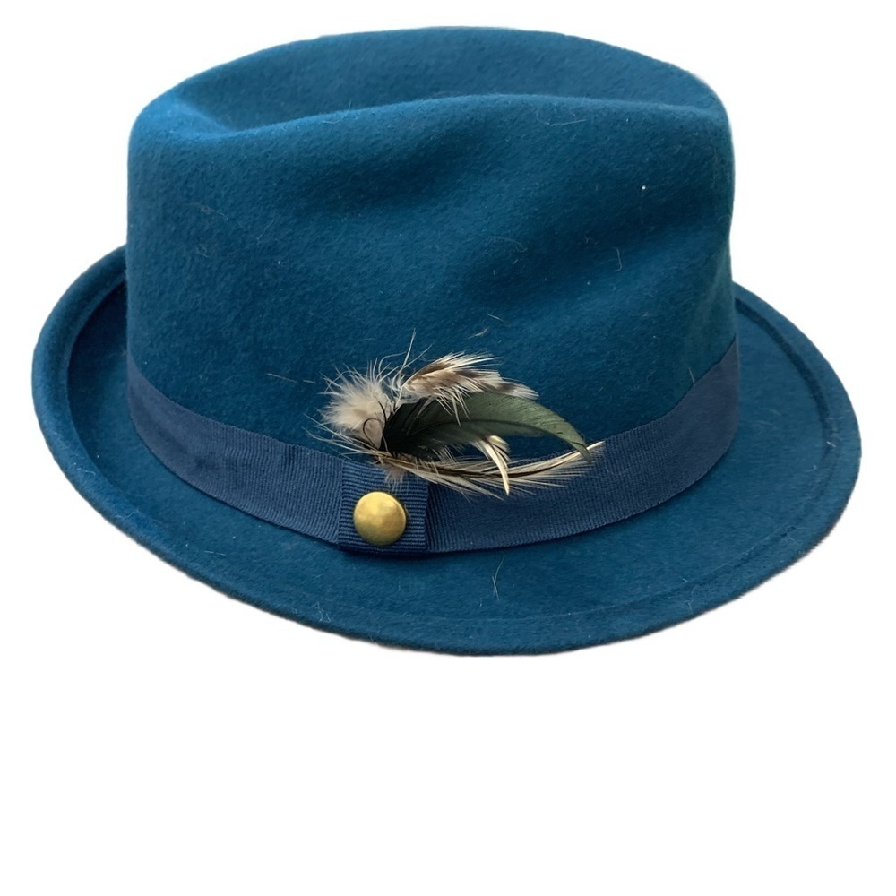 Sandra Angelozzi NWT Wool Fedora in Teal with Feather Detailing One Size